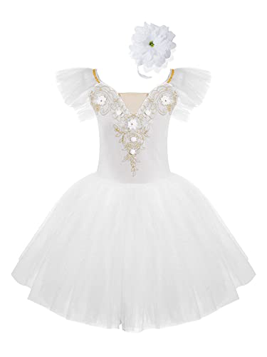 TiaoBug Mädchen Ballettkleidung 3tlg.Set Ballettkleid+Handschuhe+Haarband Kinder Ballettanzug Ballett Trikot Tanz Kostüm Tütü Kleid 104 110 116 122 128 140 152 Weiß M 122-128 von TiaoBug