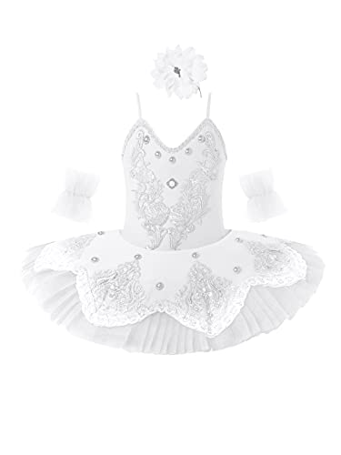 TiaoBug Mädchen Ballettkleidung 3tlg.Set Ballettkleid+Handschuhe+Haarband Kinder Ballettanzug Ballett Trikot Tanz Kostüm Tütü Kleid 104 110 116 122 128 140 152 Weiß Tutu 98-104 von TiaoBug