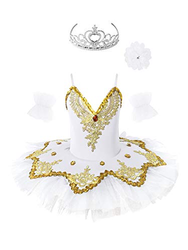 TiaoBug Mädchen Ballettkleidung 3tlg.Set Ballettkleid+Handschuhe+Haarband Kinder Ballettanzug Ballett Trikot Tanz Kostüm Tütü Kleid 104 110 116 122 128 140 152 Weiß mit Krone 128-140 von TiaoBug