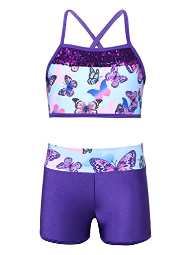 TiaoBug Mädchen Bikini Bademode 2tlg Tankini Set Kinder Schwimmanzug Badeanzug sportlich 104 116 128 140 152 Bade Schwimm Bekleidung Swimwear Violett E 116 von TiaoBug