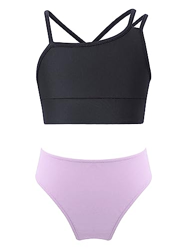 TiaoBug Mädchen Bikini Oberteil Hohe Taille Bikinihose Neckholder/Spaghettiträger Bustier Top Brasilian Slip Zweiteilige Bademode Beachwear Schwarz Helllila H 146-152 von TiaoBug