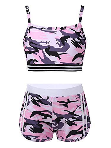 TiaoBug Mädchen Bikini Tankini Set Bustier Top und Sport Shorts Hot Pants Set Sommer Badeanzug Ballett Tanz Bekleidung mit Allover Druck Camouflage Pink Träger 158-164 von TiaoBug