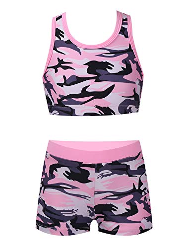 TiaoBug Mädchen Bikini Tankini Set Bustier Top und Sport Shorts Hot Pants Set Sommer Badeanzug Ballett Tanz Bekleidung mit Allover Druck Camouflage Pink 170-176 von TiaoBug