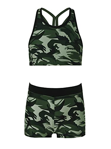 TiaoBug Mädchen Bikini Tankini Set Bustier Top und Sport Shorts Hot Pants Set Sommer Badeanzug Ballett Tanz Bekleidung mit Allover Druck Tarnmuster Grün 134-140 von TiaoBug