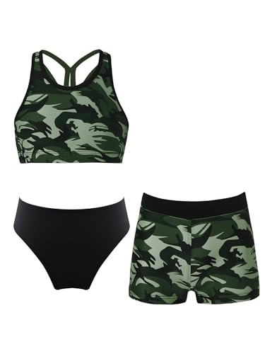 TiaoBug Mädchen Bikini Tankini Set Bustier Top und Sport Shorts Hot Pants Set Sommer Badeanzug Ballett Tanz Bekleidung mit Allover Druck Tarnung M 146-152 von TiaoBug