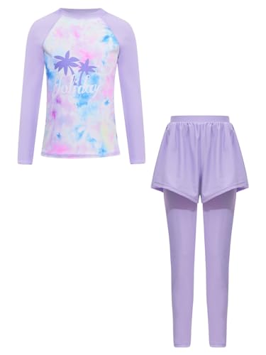 TiaoBug Mädchen Burkini Badeanzug Langarm Badeshirt+Badehose Muslimische Badekleidung Set 2Pcs Surfanzug Neoprenanzug Violett M 158-164 von TiaoBug