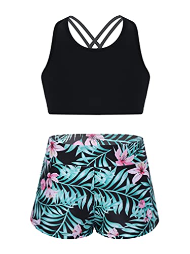 TiaoBug Mädchen Bustier Top und Sport Shorts Kurze Hose im Set Tankini Badeanzug Sportbekleidung gr. 116 128 140 152 164 Schwarz Druck 170-176 von TiaoBug