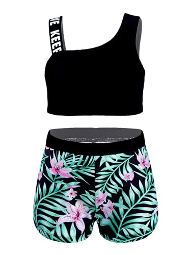 TiaoBug Mädchen Bustier Top und Sport Shorts Kurze Hose im Set Tankini Badeanzug Sportbekleidung gr. 116 128 140 152 164 Schwarz Grün G 134-140 von TiaoBug