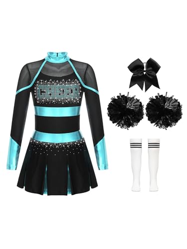 TiaoBug Mädchen Cheerleading Kleid Neckholder Tanzkleid mit Cheer Buchstaben Sport Schule Gruppentanz Outfits E Blau, Grün Weiß 122-128 von TiaoBug