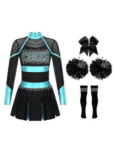 TiaoBug Mädchen Cheerleading Kleid Neckholder Tanzkleid mit Cheer Buchstaben Sport Schule Gruppentanz Outfits E Blau Grün & Schwarz 158-164 von TiaoBug