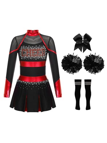 TiaoBug Mädchen Cheerleading Kleid Neckholder Tanzkleid mit Cheer Buchstaben Sport Schule Gruppentanz Outfits E Rot Schwarz 110-116 von TiaoBug