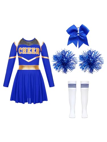 TiaoBug Mädchen Cosplay Kostüm Set Tanzkleid Outfits ärmellos Top + Hot Pants + Armband + Socken Kinder Hip-Hop Jazz Cheer Leader College Strümpfe J Blau Weiß 158-164 von TiaoBug