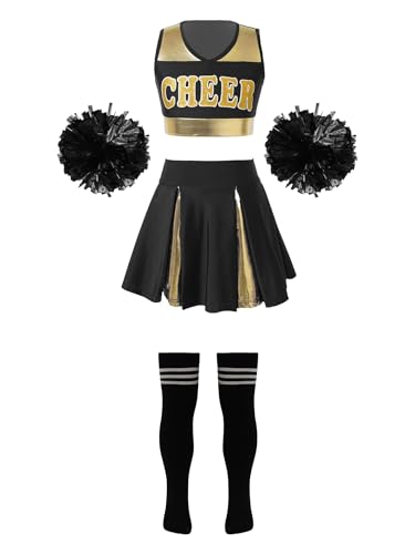 TiaoBug Mädchen Cosplay Kostüm Set Tanzkleid Outfits ärmellos Top + Hot Pants + Armband + Socken Kinder Hip-Hop Jazz Cheer Leader College Strümpfe N Schwarz-Weiß B 158-164 von TiaoBug