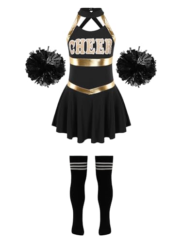 TiaoBug Mädchen Cosplay Kostüm Set Tanzkleid Outfits ärmellos Top + Hot Pants + Armband + Socken Kinder Hip-Hop Jazz Cheer Leader College Strümpfe Q Schwarz-Weiß C 146-152 von TiaoBug