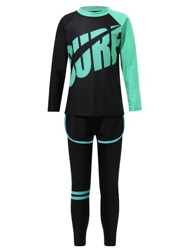 TiaoBug Jungen 3 Teillig Badeanzug Ganzkörper Schwimmanzug mit Sonnenschutz Rashguard Neoprenanzug Lange Ärmel T-Shirt mit Lange Hose Badeshorts Blau I 158-164 von TiaoBug