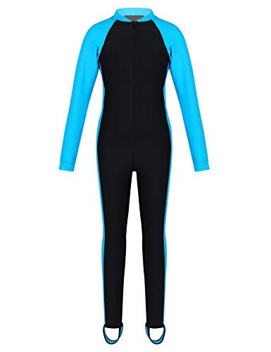 TiaoBug Mädchen Einteiler Badeanzug Ganzkörper Schwimmanzug mit Sonnenschutz Rashguard Neoprenanzug geblümt Lange Ärmel Hose mit Steg Lake Blau B 140-152 von TiaoBug