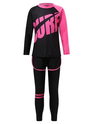 TiaoBug Mädchen Einteiler Badeanzug Ganzkörper Schwimmanzug mit Sonnenschutz Rashguard Neoprenanzug geblümt Lange Ärmel Hose mit Steg Rosa I 134-140 von TiaoBug