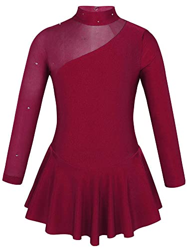 TiaoBug Mädchen Eiskunstlauf Kleid Ballettkleid Ballettanzug Langarm Body Ballett Trikot Turnanzug Eislaufen Bekleidung Wett"be"werb Kostüm gr. 104-152 Dunkelrot 128 von TiaoBug