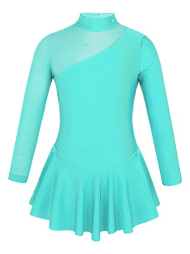 TiaoBug Mädchen Eiskunstlauf Kleid Ballettkleid Ballettanzug Langarm Body Ballett Trikot Turnanzug Eislaufen Bekleidung Wett"be"werb Kostüm gr. 104-152 Mint Grün 116 von TiaoBug