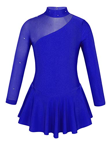 TiaoBug Mädchen Eiskunstlauf Kleid Ballettkleid Ballettanzug Langarm Body Ballett Trikot Turnanzug Eislaufen Bekleidung Wett"be"werb Kostüm gr. 104-152 Royal Blau 164 von TiaoBug