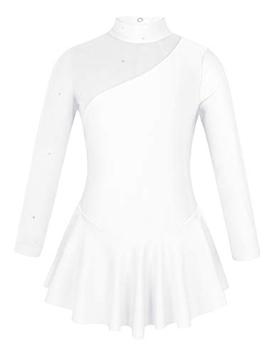 TiaoBug Mädchen Eiskunstlauf Kleid Ballettkleid Ballettanzug Langarm Body Ballett Trikot Turnanzug Eislaufen Bekleidung Wett"be"werb Kostüm gr. 104-152 Weiss 140 von TiaoBug