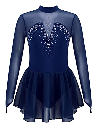TiaoBug Mädchen Eiskunstlauf Kleid Ballettkleid Ballettanzug Langarm Body Ballett Trikot Turnanzug Eislaufen Bekleidung Wett"be"werb Kostüm gr. 110-164 Navy Blau D 152 von TiaoBug
