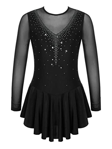 TiaoBug Mädchen Eiskunstlauf Kleid Ballettkleid Ballettanzug Langarm Body Ballett Trikot Turnanzug Eislaufen Bekleidung Wett"be"werb Kostüm gr. 110-176 Schwarz F 116 von TiaoBug