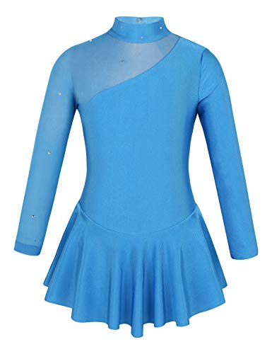 TiaoBug Mädchen Eiskunstlauf Kleid Ballettkleid Ballettanzug Langarm Body Ballett Trikot Turnanzug Eislaufen Bekleidung Wett"be"werb Kostüm gr. 98-164 Blau 128 von TiaoBug