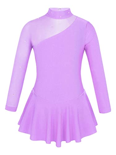 TiaoBug Mädchen Eiskunstlauf Kleid Ballettkleid Ballettanzug Langarm Body Ballett Trikot Turnanzug Eislaufen Bekleidung Wett"be"werb Kostüm gr. 98-164 Hell Violett 128 von TiaoBug