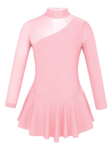 TiaoBug Mädchen Eiskunstlauf Kleid Ballettkleid Ballettanzug Langarm Body Ballett Trikot Turnanzug Eislaufen Bekleidung Wett"be"werb Kostüm gr. 98-164 Perlen Pink 116 von TiaoBug