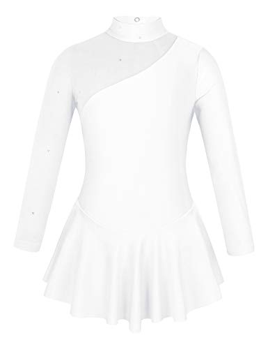 TiaoBug Mädchen Eiskunstlauf Kleid Ballettkleid Ballettanzug Langarm Body Ballett Trikot Turnanzug Eislaufen Bekleidung Wett"be"werb Kostüm gr. 98-164 Weiss 140 von TiaoBug