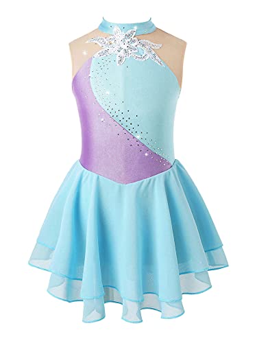 TiaoBug Mädchen Eiskunstlauf Kleid Langarm Ballettkleid Gerafft Tanzkleid mit Glitzer Kinder Turnanzug Gymnastik Leotards Ballett Tutu Mini Skater Rock gr.110-164 Hellblau H 146-152 von TiaoBug