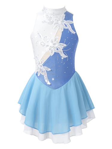 TiaoBug Mädchen Eiskunstlauf Kleid Langarm Ballettkleid Gerafft Tanzkleid mit Glitzer Kinder Turnanzug Gymnastik Leotards Ballett Tutu Mini Skater Rock gr.110-164 Hellblau I 134-140 von TiaoBug