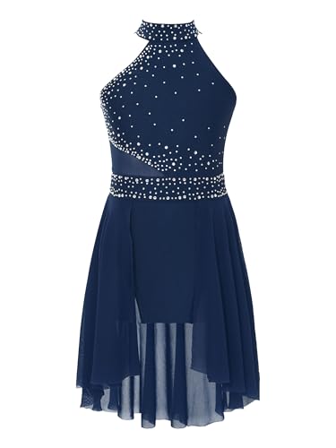 TiaoBug Mädchen Eiskunstlauf Kleid Langarm Ballettkleid Gerafft Tanzkleid mit Glitzer Kinder Turnanzug Gymnastik Leotards Ballett Tutu Mini Skater Rock gr.110-164 Navy blau J 146-152 von TiaoBug