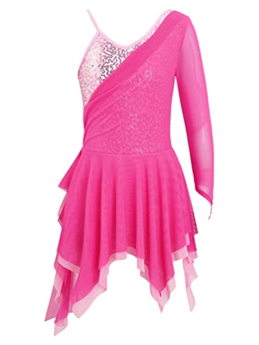 TiaoBug Mädchen Eiskunstlauf Kleid Langarm Ballettkleid Gerafft Tanzkleid mit Glitzer Kinder Turnanzug Gymnastik Leotards Ballett Tutu Mini Skater Rock gr.110-164 Rosa D 122-128 von TiaoBug