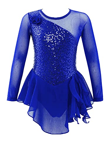 TiaoBug Mädchen Eiskunstlauf Kleid Langarm Ballettkleid Gerafft Tanzkleid mit Glitzer Kinder Turnanzug Gymnastik Leotards Ballett Tutu Mini Skater Rock gr.110-164 Royal Blau C 110-116 von TiaoBug