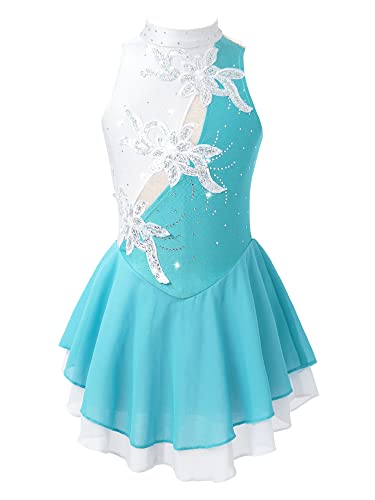 TiaoBug Mädchen Eiskunstlauf Kleid Langarm Ballettkleid Gerafft Tanzkleid mit Glitzer Kinder Turnanzug Gymnastik Leotards Ballett Tutu Mini Skater Rock gr.110-164 Türkis I 146-152 von TiaoBug