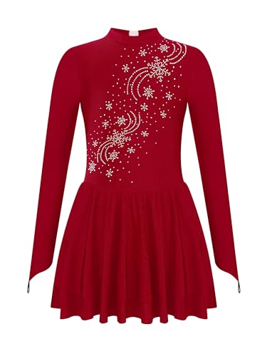 TiaoBug Mädchen Eiskunstlauf Kleid Langarm Body Ballett Trikot mit Tutu Rock Glitzer Turnanzug Eislaufen Bekleidung Wett"be"werb Show Outfits Burgundy E 122-128 von TiaoBug