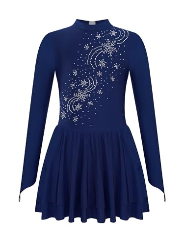 TiaoBug Mädchen Eiskunstlauf Kleid Langarm Body Ballett Trikot mit Tutu Rock Glitzer Turnanzug Eislaufen Bekleidung Wett"be"werb Show Outfits Navy blau E 146-152 von TiaoBug