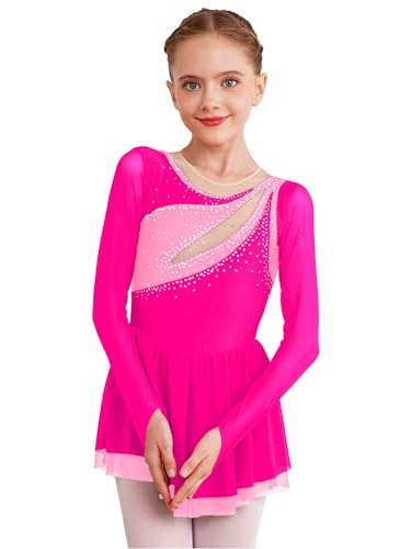 TiaoBug Mädchen Eiskunstlauf Kleid Langarm Glitzer Tanzkleid Mesh Spleiß Body mit Faltenrock Kürkleid Skaterkleid gr. 116-176 Hot Pink J 122-128 von TiaoBug