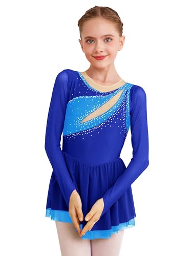 TiaoBug Mädchen Eiskunstlauf Kleid Langarm Glitzer Tanzkleid Mesh Spleiß Body mit Faltenrock Kürkleid Skaterkleid gr. 116-176 Königsblau JA 122-128 von TiaoBug