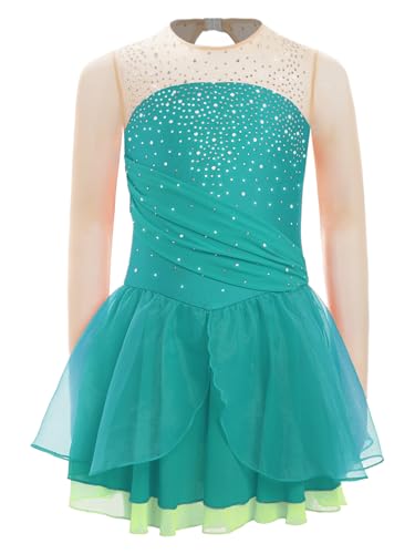 TiaoBug Mädchen Eiskunstlauf Kleid Mesh Spleiß Kürkleid Langarm Strassstein Tanzkleid mit Slip und Tutu Röckchen Tanzbekleidung Grün 122-128 von TiaoBug