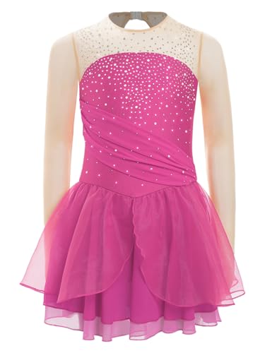 TiaoBug Mädchen Eiskunstlauf Kleid Mesh Spleiß Kürkleid Langarm Strassstein Tanzkleid mit Slip und Tutu Röckchen Tanzbekleidung Hot Pink 146-152 von TiaoBug