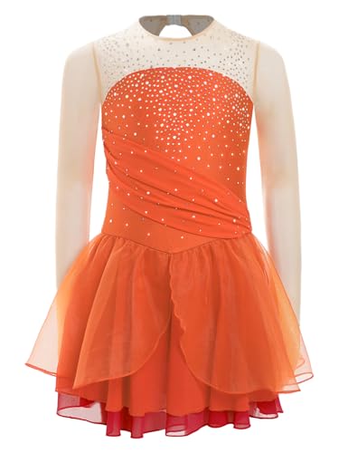 TiaoBug Mädchen Eiskunstlauf Kleid Mesh Spleiß Kürkleid Langarm Strassstein Tanzkleid mit Slip und Tutu Röckchen Tanzbekleidung Orange 146-152 von TiaoBug