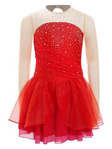 TiaoBug Mädchen Eiskunstlauf Kleid Mesh Spleiß Kürkleid Langarm Strassstein Tanzkleid mit Slip und Tutu Röckchen Tanzbekleidung Rot 122-128 von TiaoBug