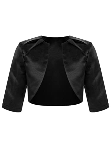 TiaoBug Mädchen Elegant Satin Bolero Festlich Hochzeit Party Schulterjacke Kurzarm Tops Einfarbig Offene Jäckchen zur Taufe Kommunion Schwarz C 158-164 von TiaoBug