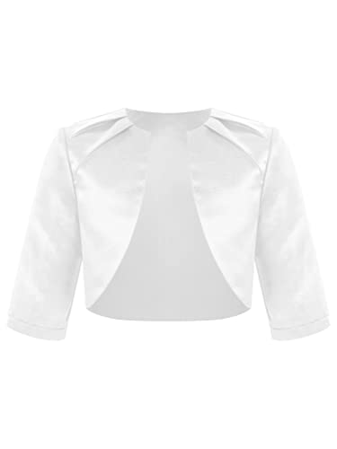 TiaoBug Mädchen Elegant Satin Bolero Festlich Hochzeit Party Schulterjacke Kurzarm Tops Einfarbig Offene Jäckchen zur Taufe Kommunion Weiß C 110-116 von TiaoBug