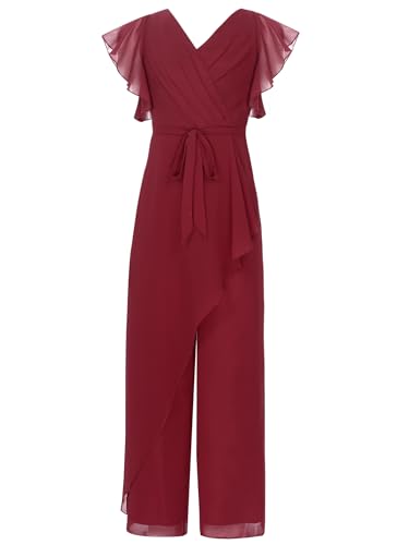 TiaoBug Mädchen Festlich Chiffon Jumpsuit Overall Lang Hosenanzug Kurze Puffärmel Top Weite Hose Ganzkörperanzug Body Festzug Outfits Burgundy 158-164 von TiaoBug