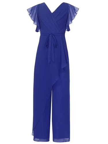 TiaoBug Mädchen Festlich Chiffon Jumpsuit Overall Lang Hosenanzug Kurze Puffärmel Top Weite Hose Ganzkörperanzug Body Festzug Outfits Königsblau 146-152 von TiaoBug
