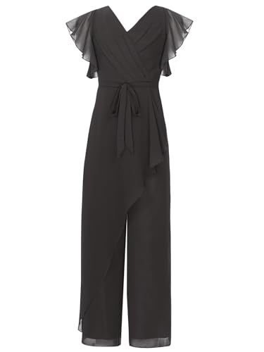 TiaoBug Mädchen Festlich Chiffon Jumpsuit Overall Lang Hosenanzug Kurze Puffärmel Top Weite Hose Ganzkörperanzug Body Festzug Outfits Schwarz 134-140 von TiaoBug